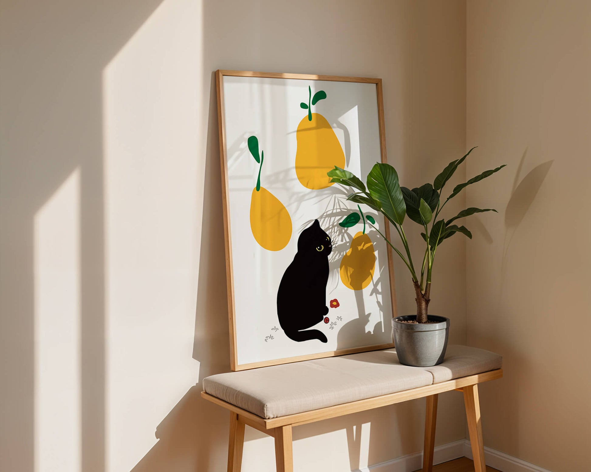 Ilustración de gato negro con peras amarillas y hojas verdes