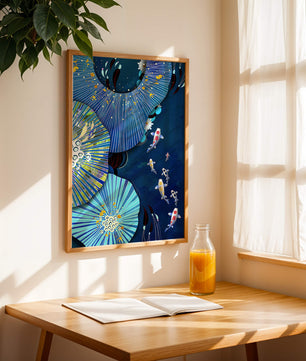 Scène sous-marine vibrante avec des carpes koï et un motif floral abstrait