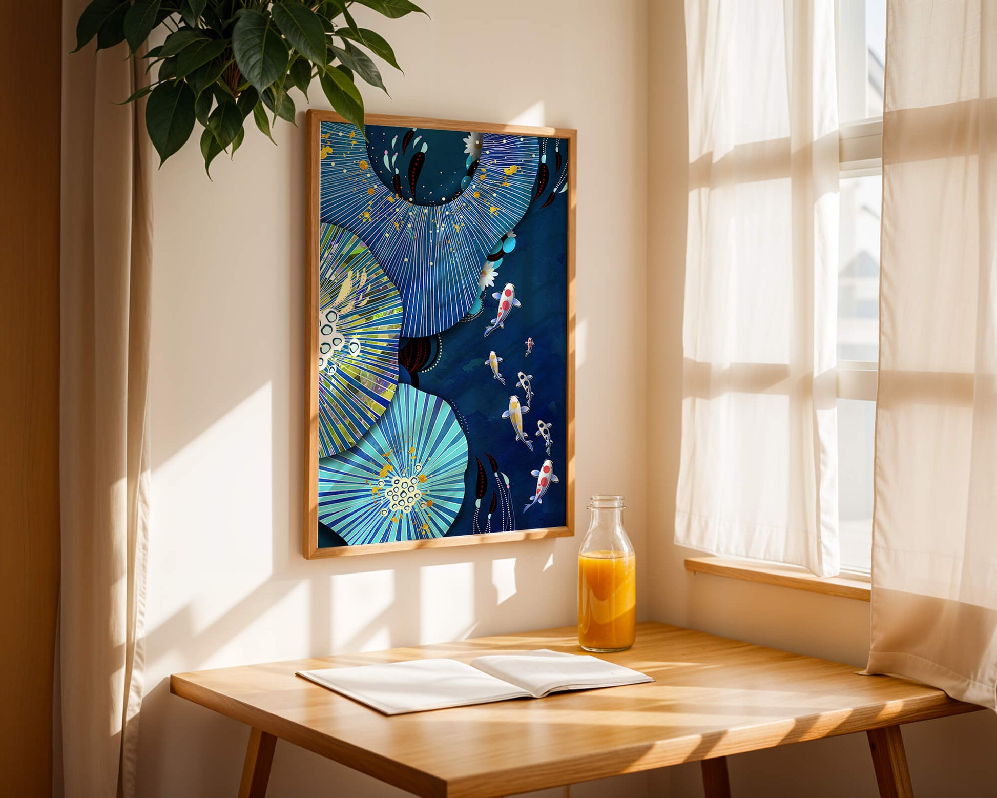 Vibrant underwater scene with koi fish and abstract floral design
