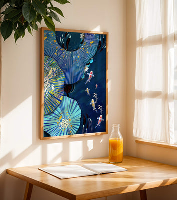 Vibrant underwater scene with koi fish and abstract floral design
