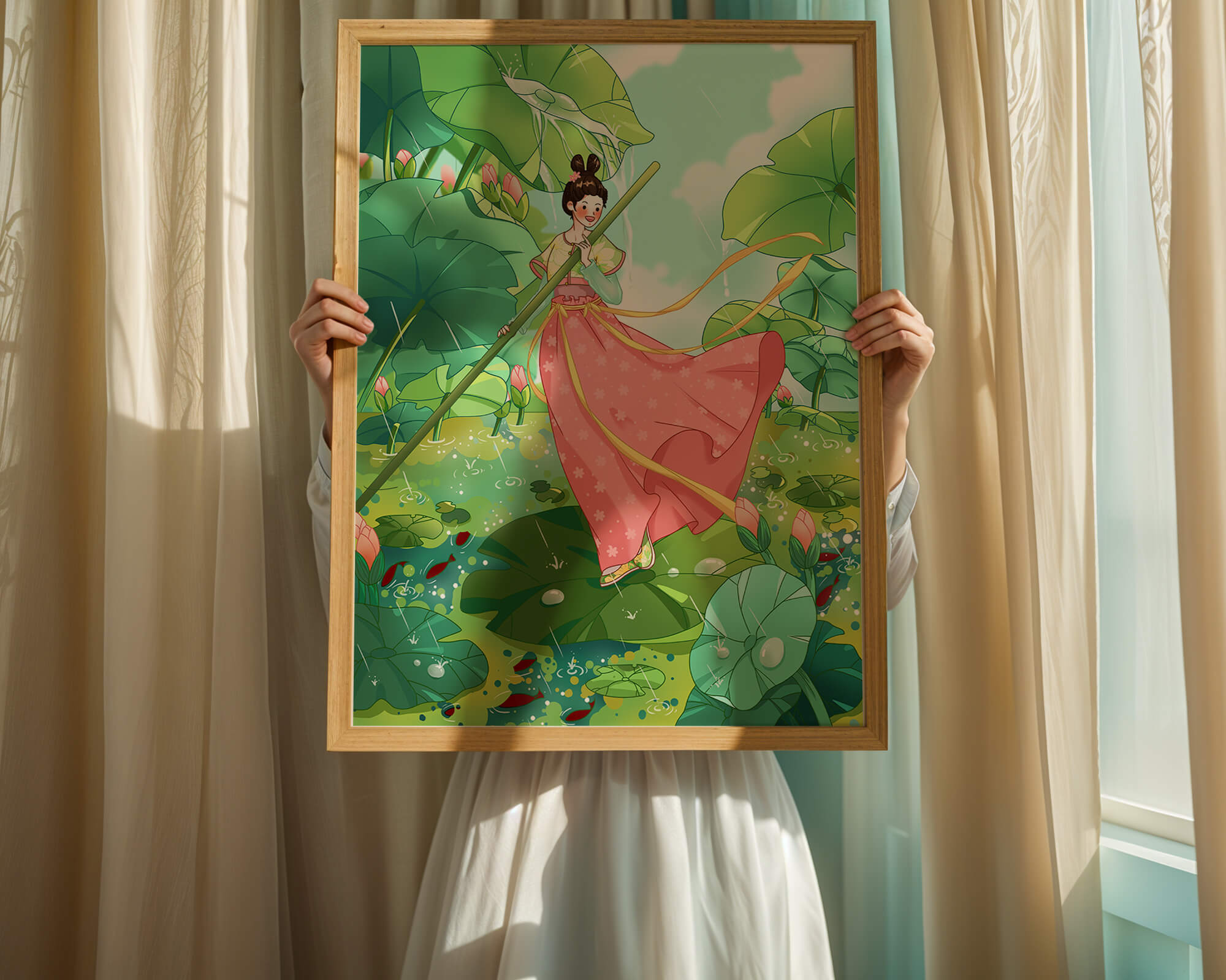 A whimsical scene of a girl in traditional dress among vibrant lotus leaves
