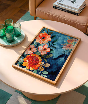 Vibrant floral watercolor design with orange blossoms and blue background