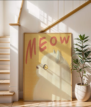 Profile View of a White Cat with Meow Text on Yellow Background