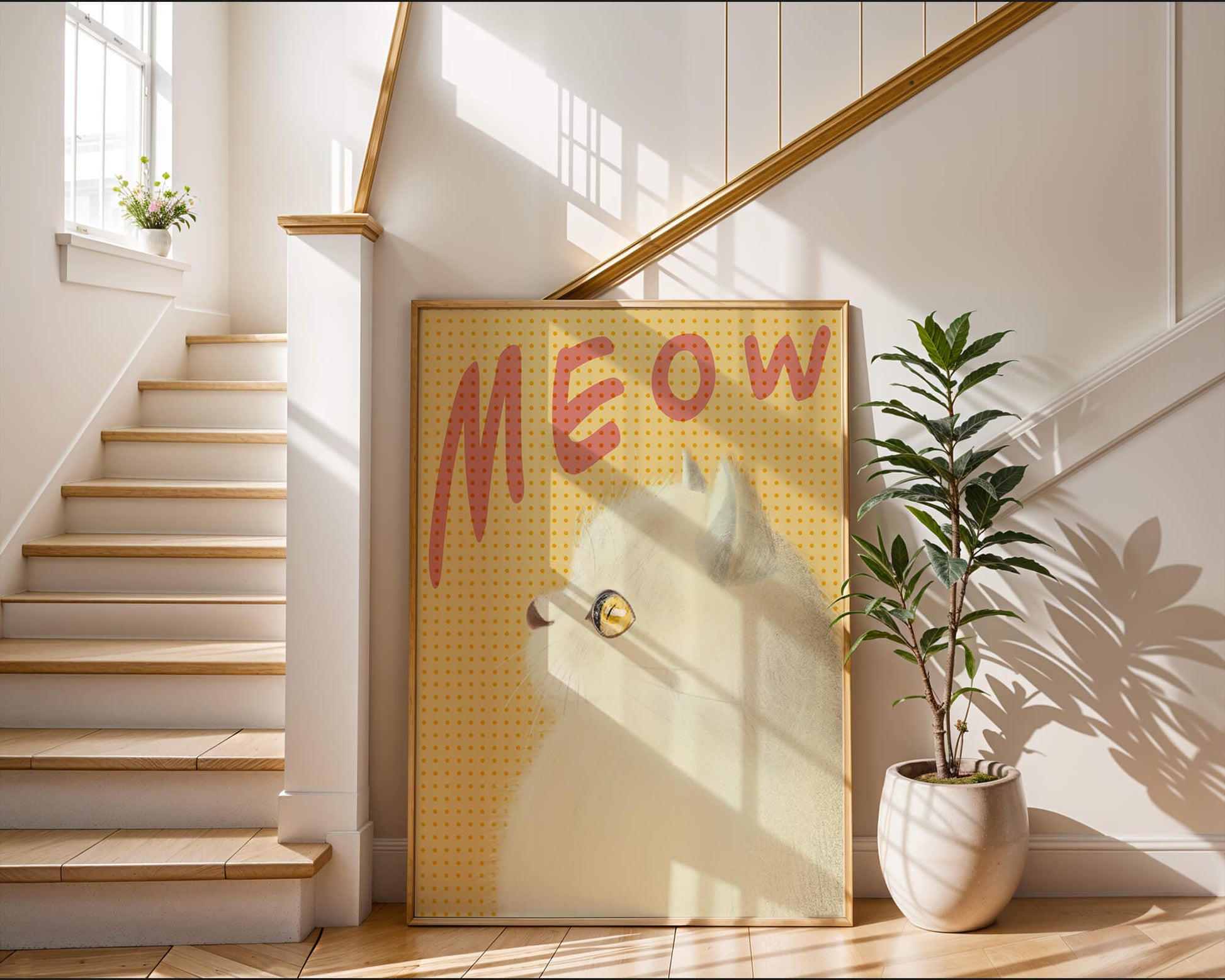 Profile View of a White Cat with Meow Text on Yellow Background