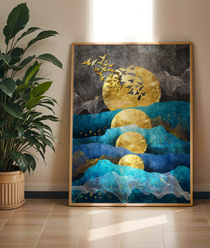 Abstract Landscape with Golden Sun and Flying Birds
