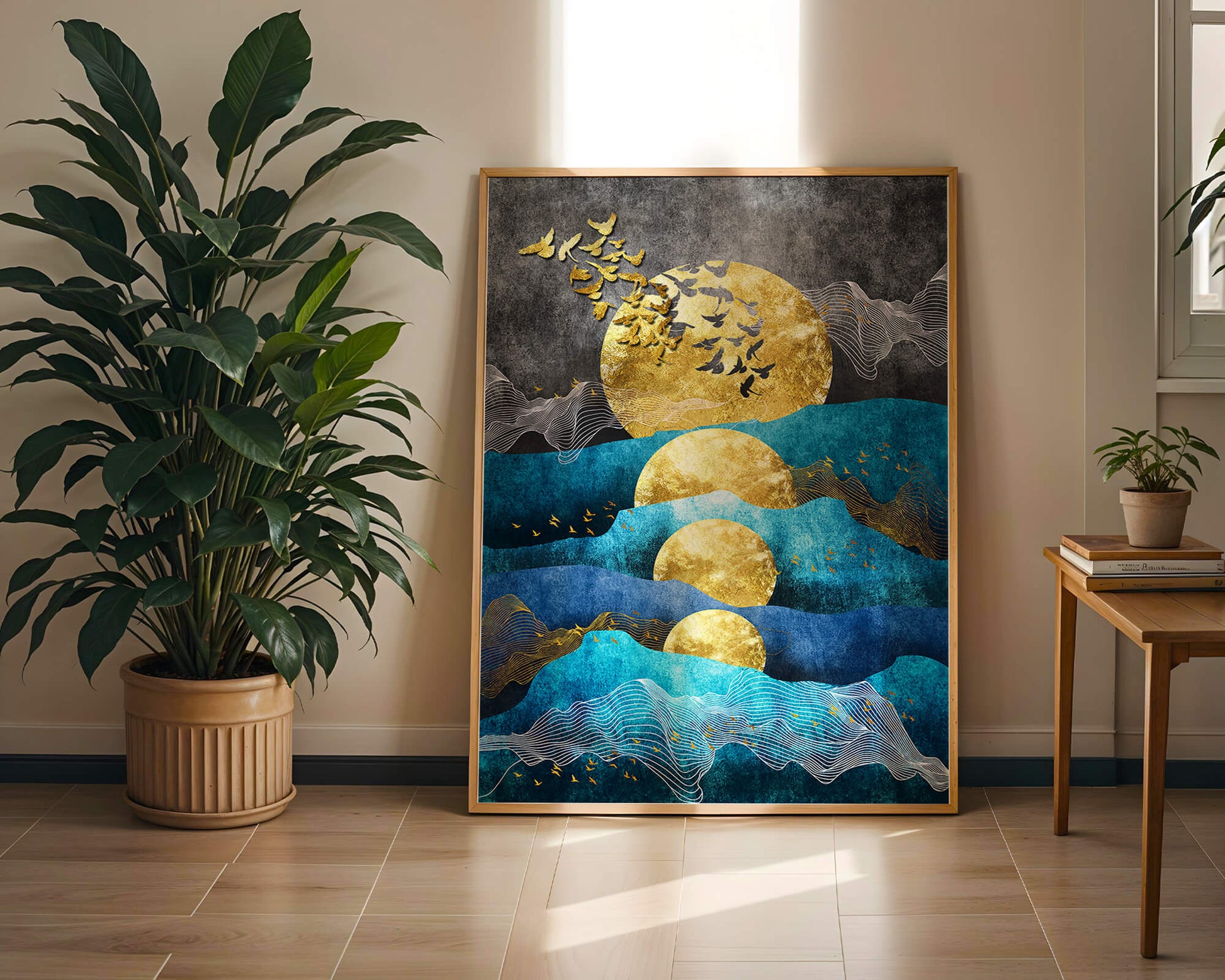 Abstract Landscape with Golden Sun and Flying Birds