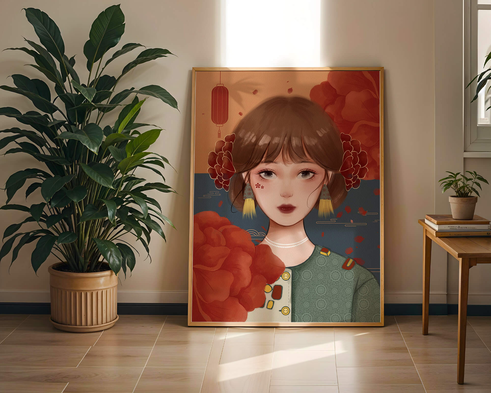 Illustration of a woman adorned with floral elements and traditional accessories