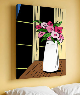 Abstract illustration of flowers in a vase on a wooden table