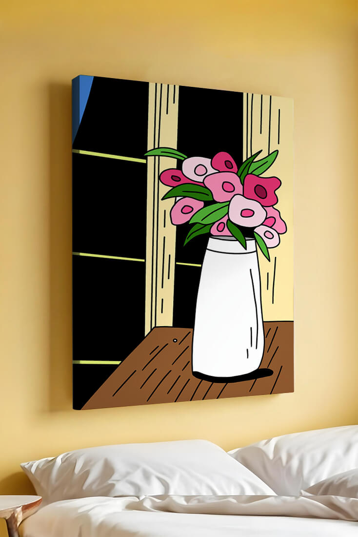 Abstract illustration of flowers in a vase on a wooden table