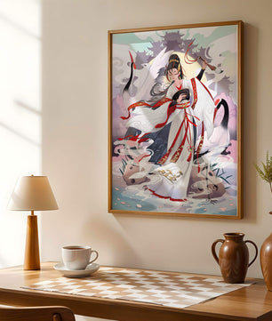 Elegant Asian Artistry with a Crane and Traditional Attire