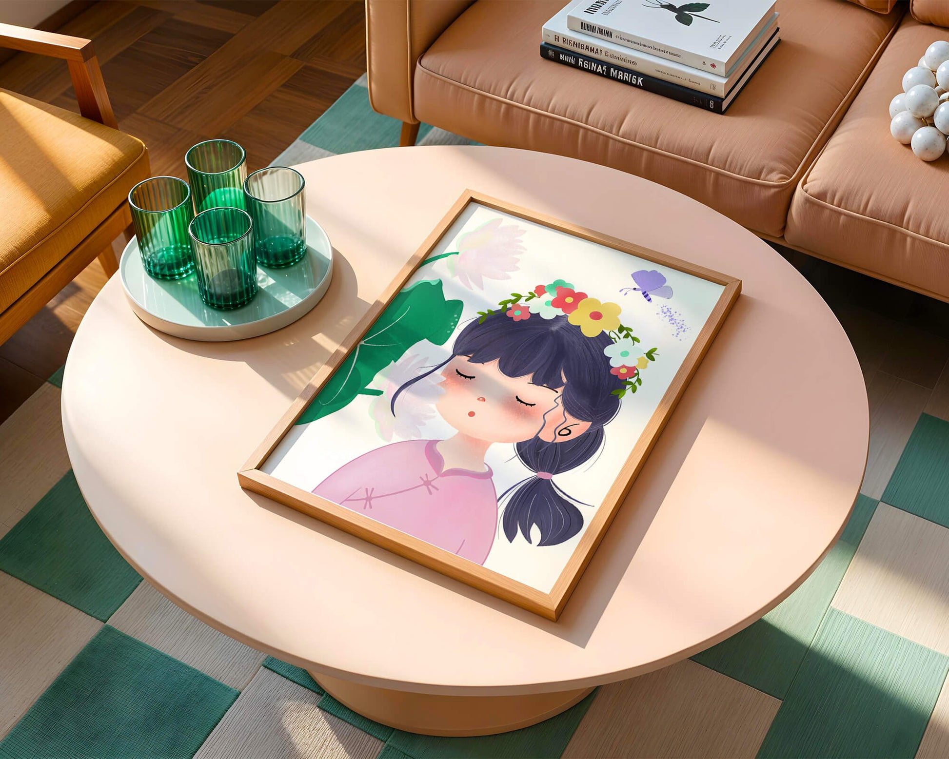 Whimsical illustration of a girl with a flower crown and butterfly