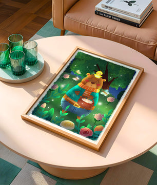 Charming bear in a colorful garden with flowers and fireflies