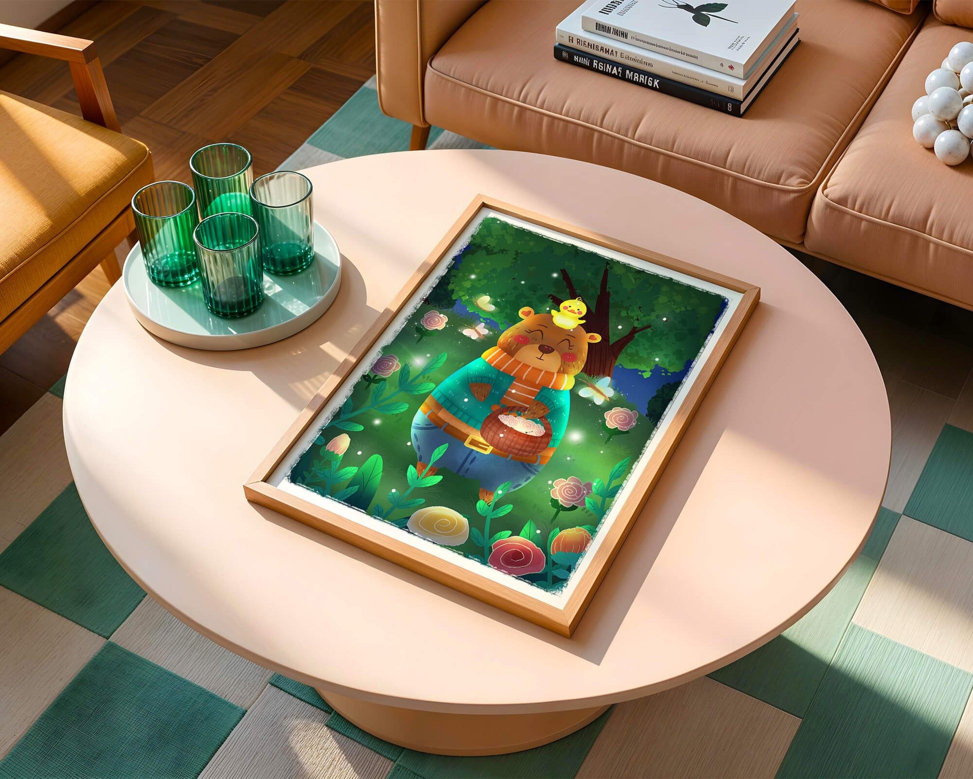 Charming bear in a colorful garden with flowers and fireflies