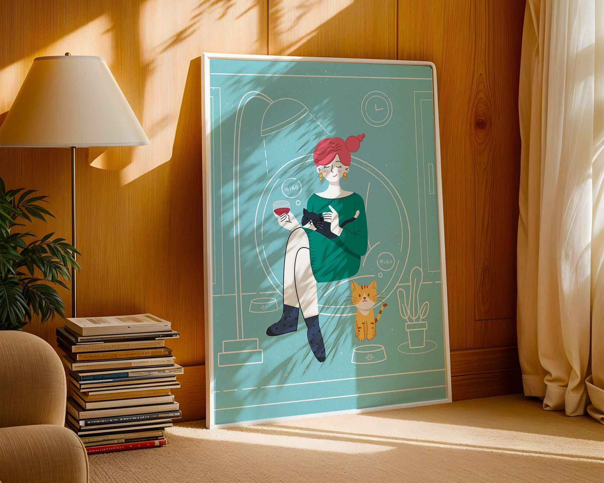 Acogedora velada con gatos en una sala de estar escandinava