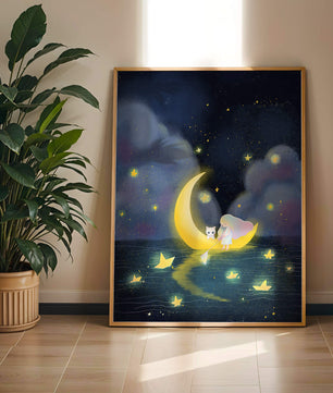Whimsical night scene with child and cat on crescent moon