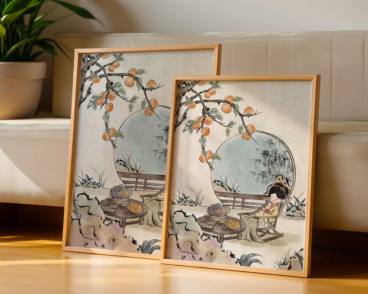 Tranquil garden scene with persimmons and serene figure