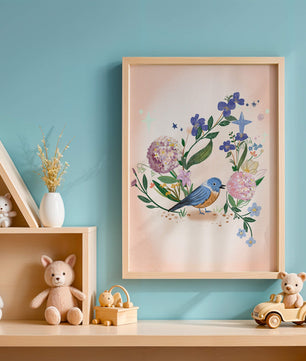 Delightful illustration of a bird amidst colorful flowers on a soft pink background