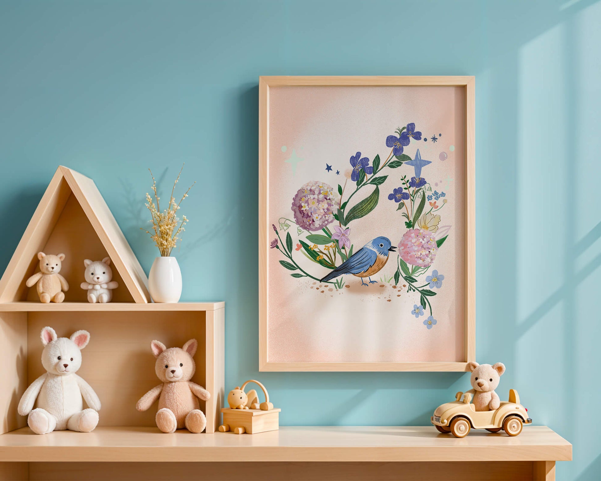Delightful illustration of a bird amidst colorful flowers on a soft pink background