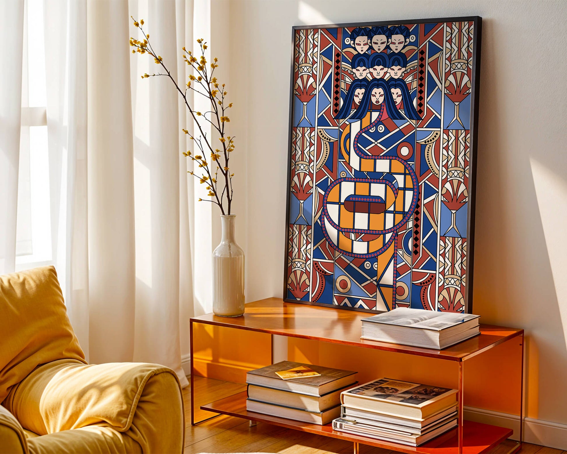 Patrón geométrico Art Decó con rostros y diseño simétrico