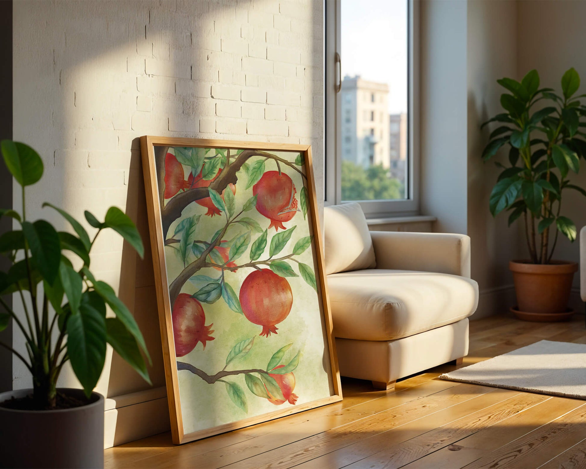 Watercolor Pomegranate Tree Branch with Fruits and Leaves