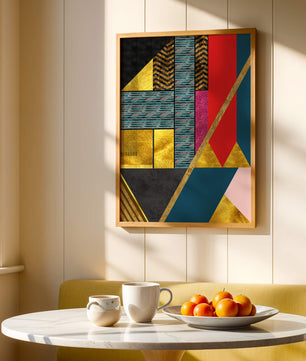 Geometric abstract design with vibrant colors and gold accents