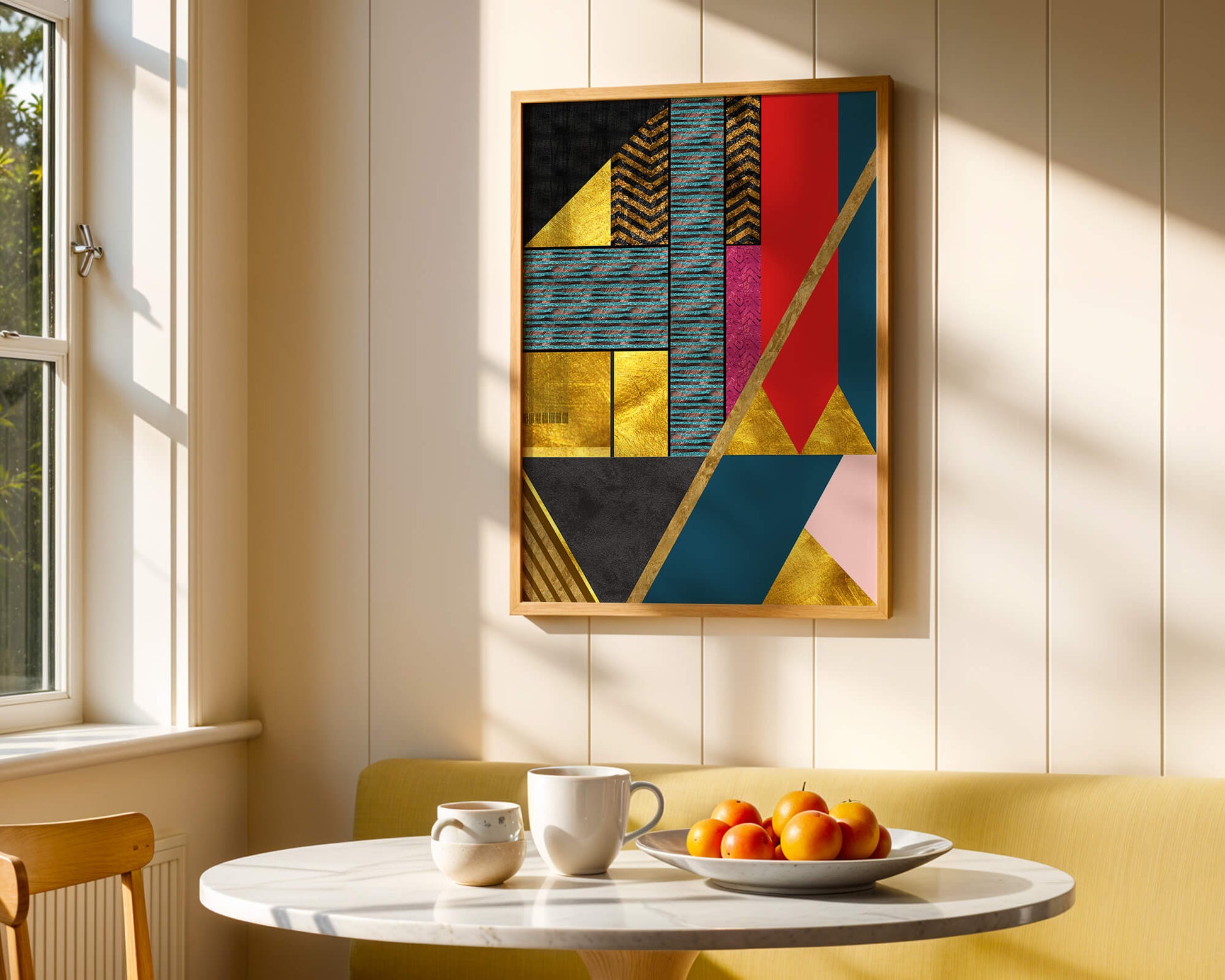 Geometric abstract design with vibrant colors and gold accents