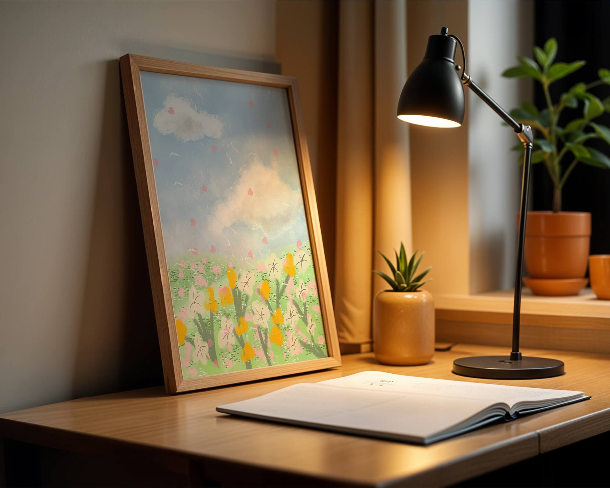 Paysage printanier avec nuages et fleurs