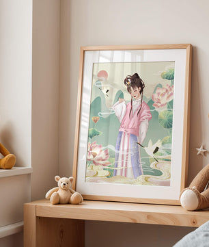 Femme élégante en tenue traditionnelle avec lotus en fleurs et grues