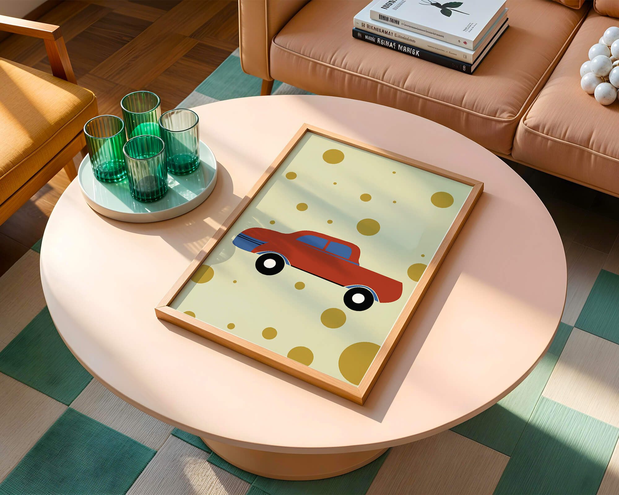 Abstract illustration of a red car with golden circles on a beige background
