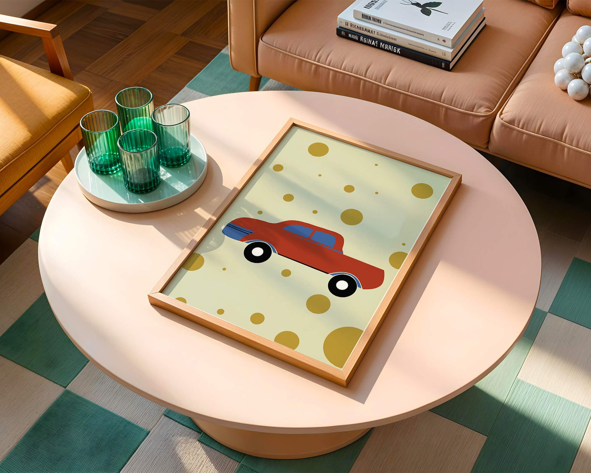 Abstract illustration of a red car with golden circles on a beige background