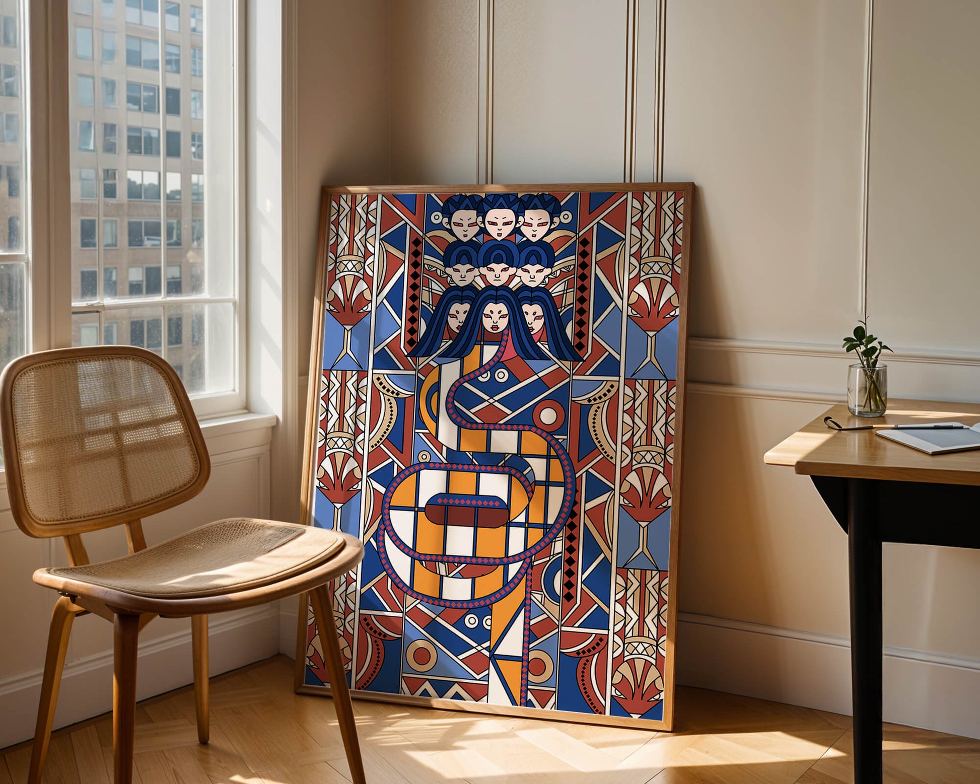 Patrón geométrico Art Decó con rostros y diseño simétrico