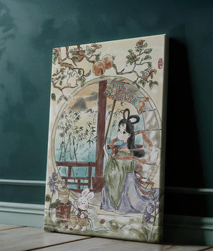 Peaceful Garden Scene with Girl and Rabbit