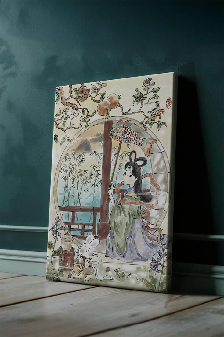 Escena de jardín tranquilo con una niña y un conejo