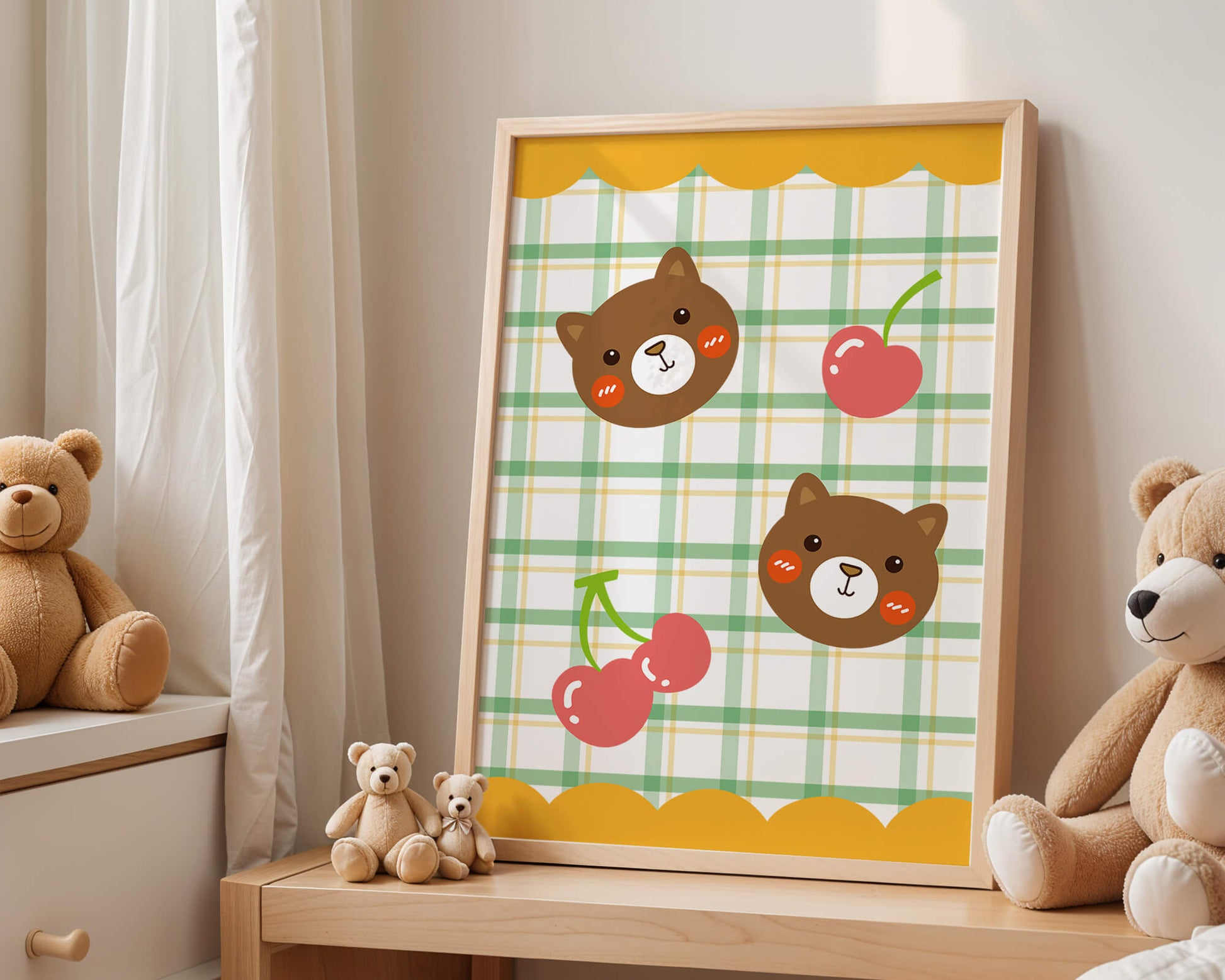 Playful bear and cherry pattern with plaid background