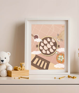 Gato alcanzando dumplings en una mesa con azulejos rosas y naranjas con palillos