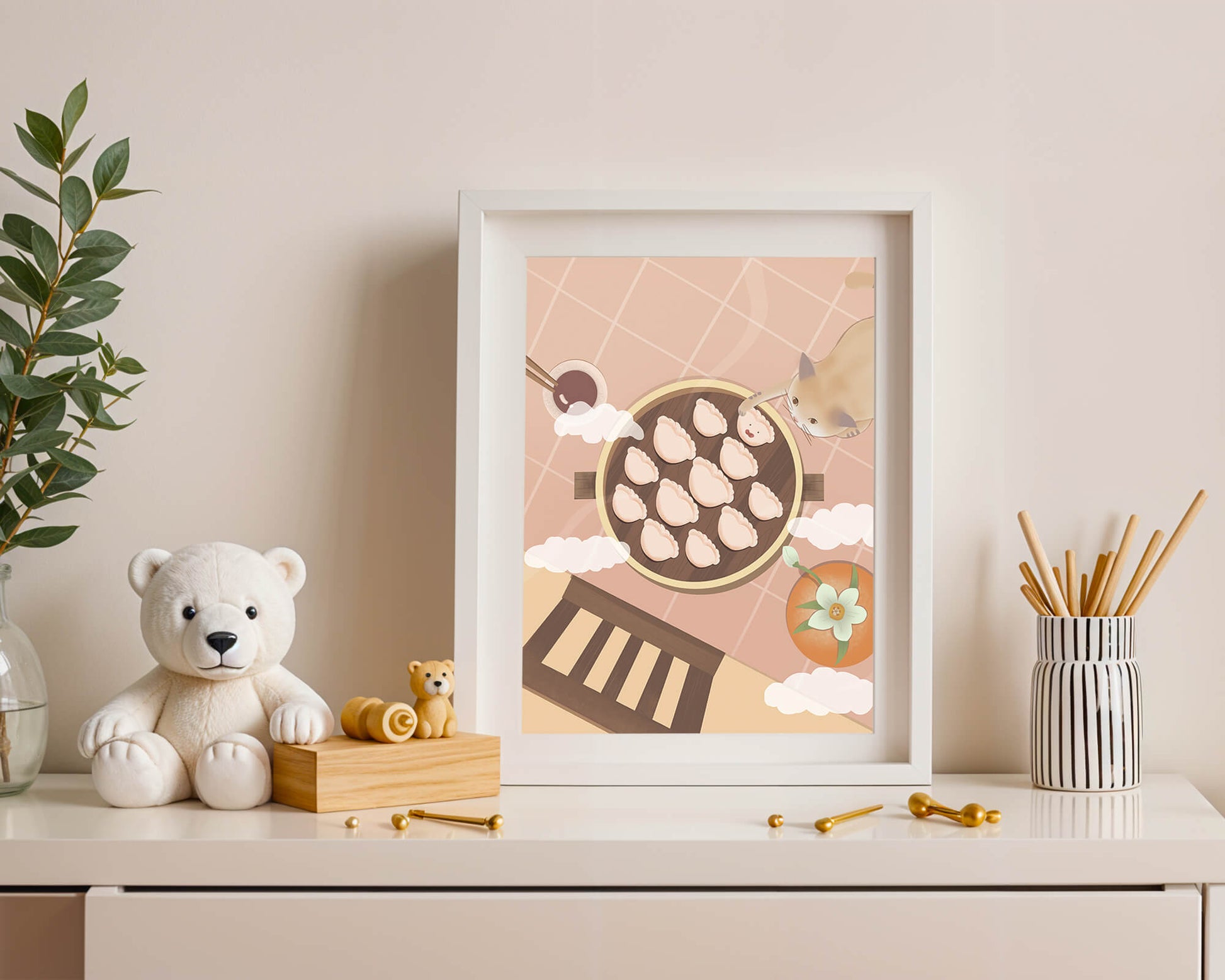 Gato alcanzando dumplings en una mesa con azulejos rosas y naranjas con palillos