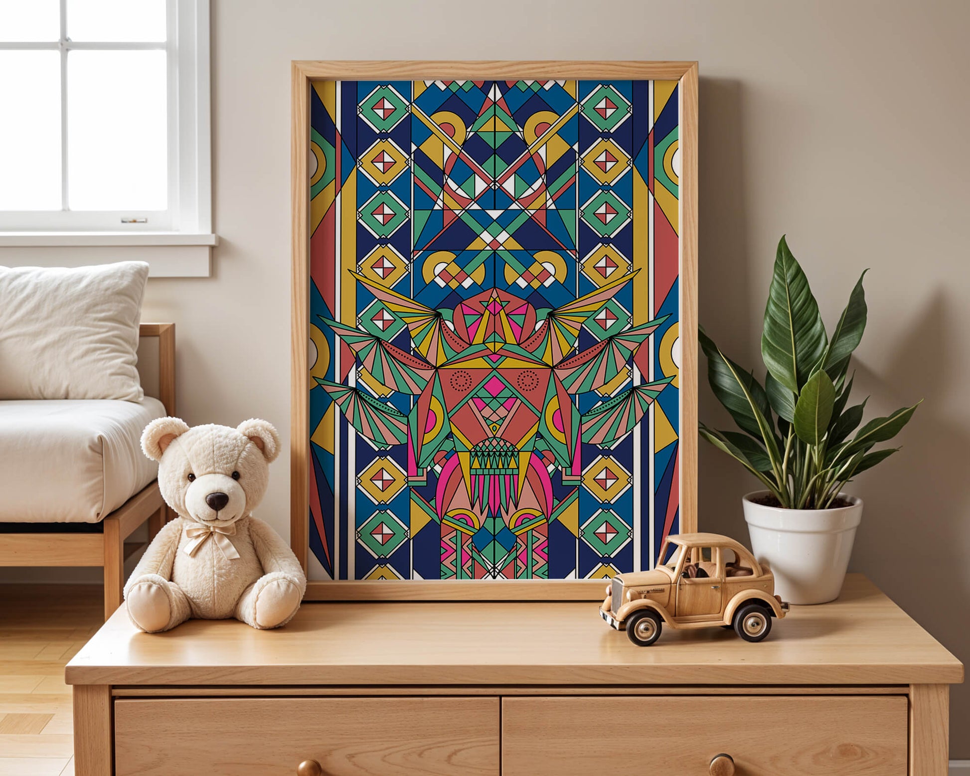 Arte abstracto geométrico colorido con patrones simétricos