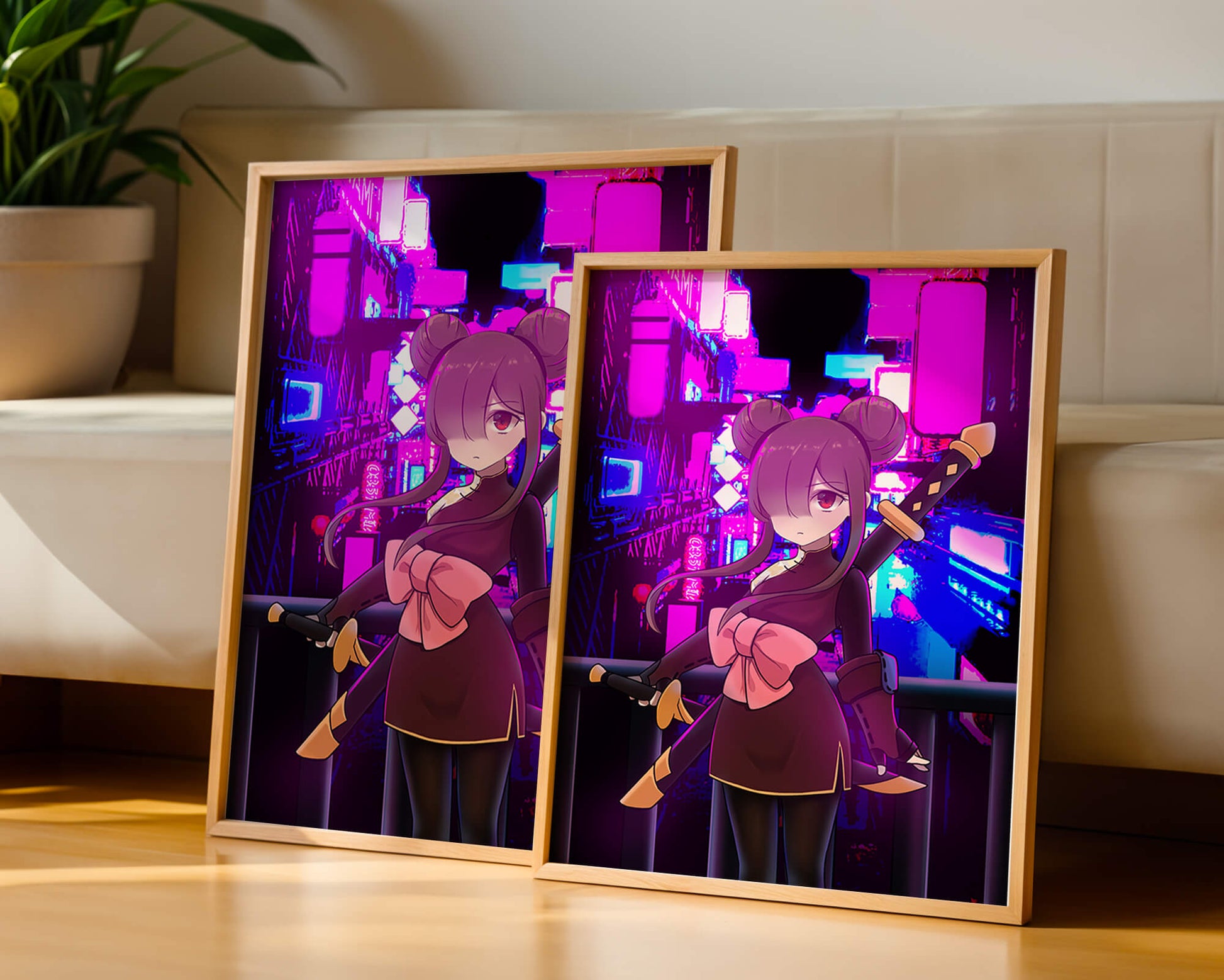Anime Character with Swords and Neon Cityscape Background