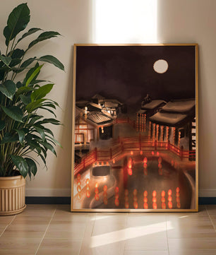 Traditional Japanese village at night with lanterns and full moon
