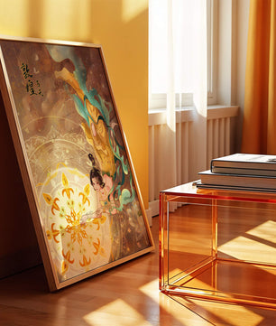 Figura celestial elegante con aura dorada y motivos florales