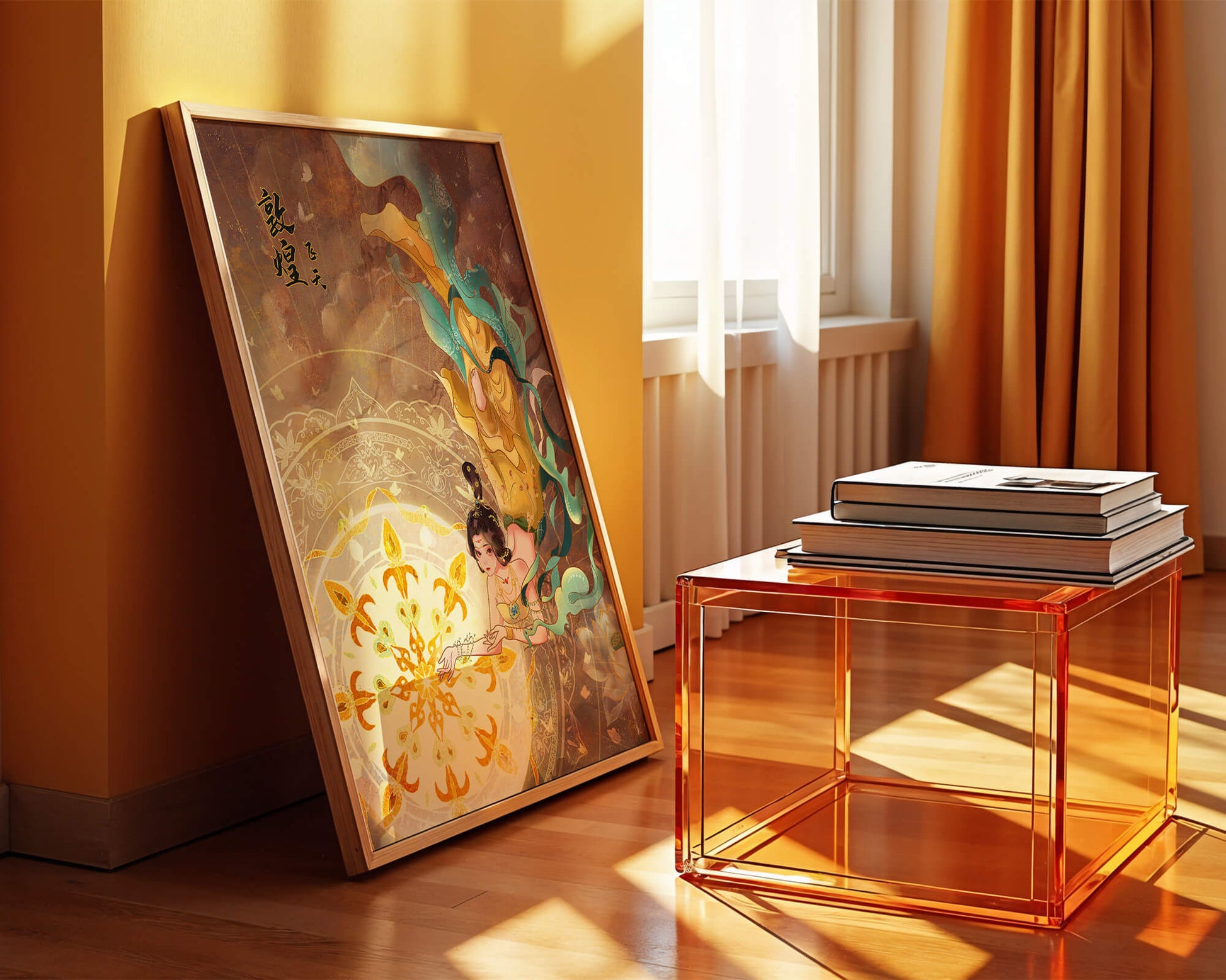 Figura celestial elegante con aura dorada y motivos florales