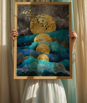 Abstract Landscape with Golden Sun and Flying Birds