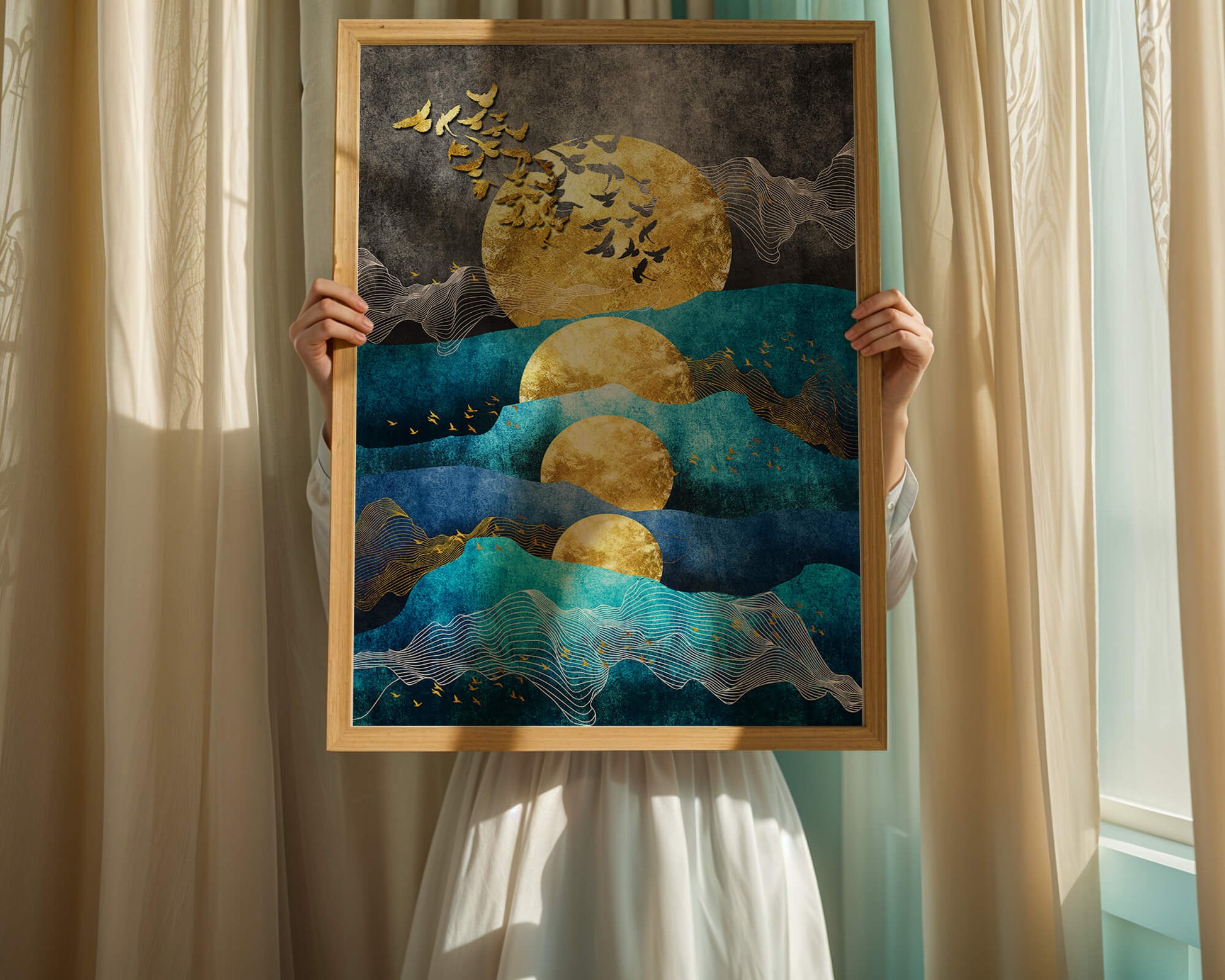 Abstract Landscape with Golden Sun and Flying Birds
