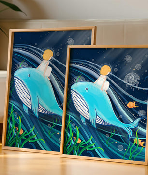 Whimsisches Unterwasserszenario mit Kind und Blauwal