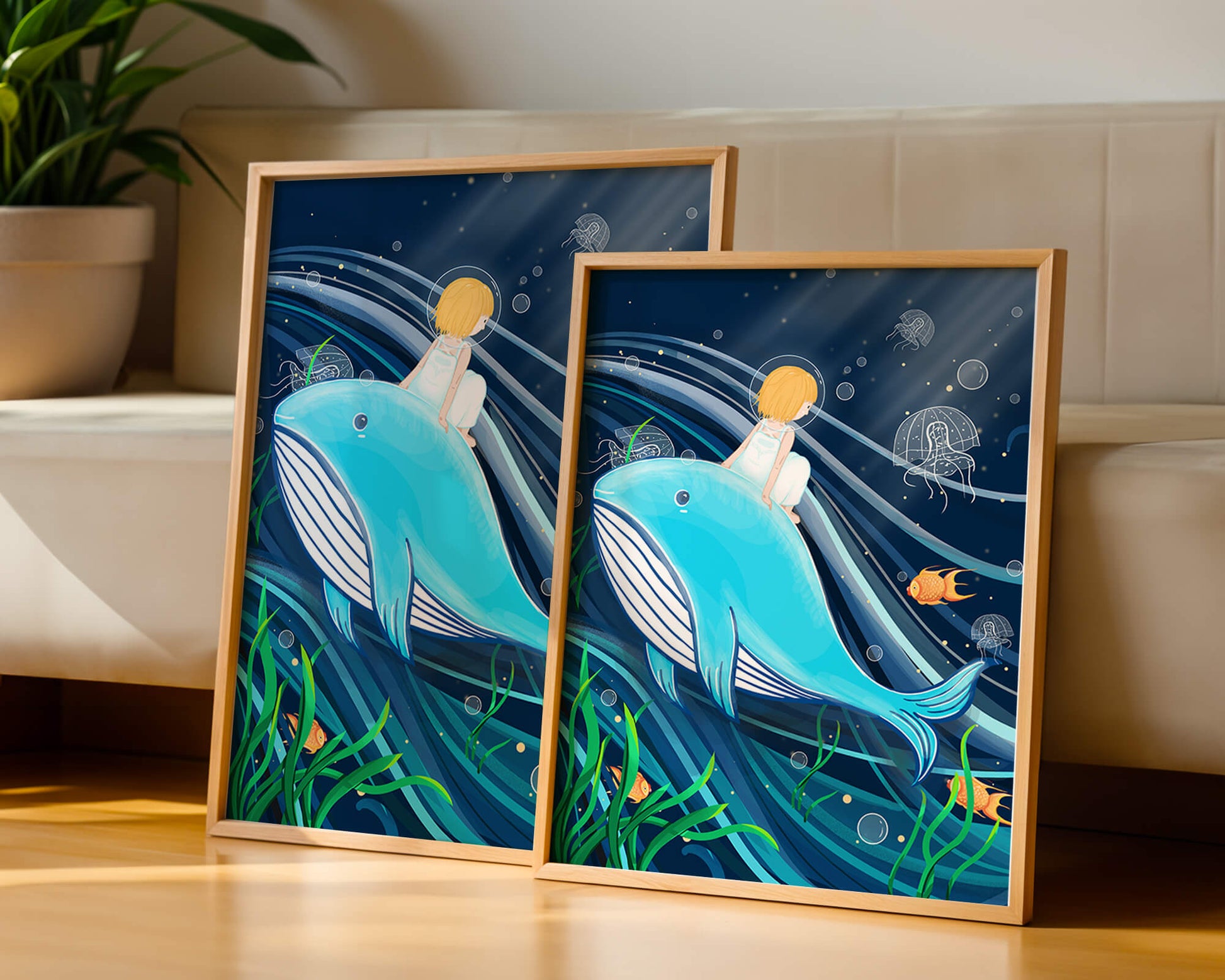 Whimsisches Unterwasserszenario mit Kind und Blauwal