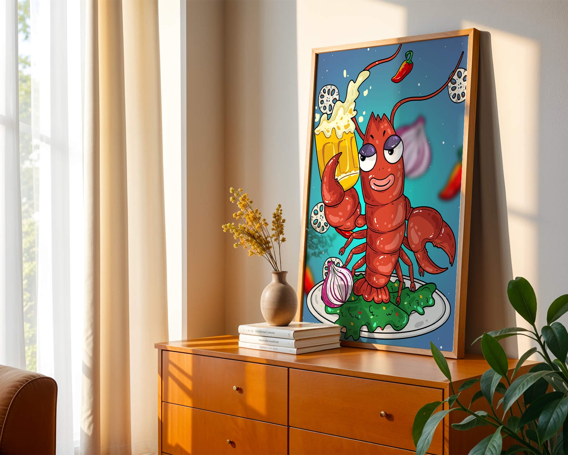 Playful cartoon lobster holding a beer in a whimsical setting