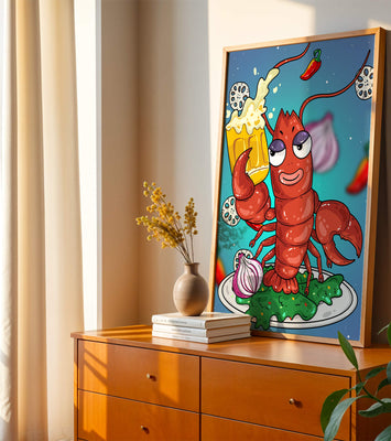 Playful cartoon lobster holding a beer in a whimsical setting