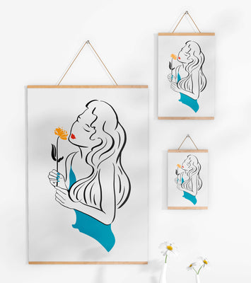 Stylized illustration of a woman with a flower and abstract elements