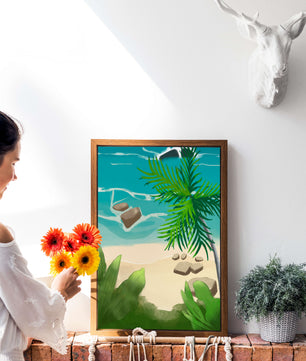 Serene tropical beach scene with lush greenery and calm waves