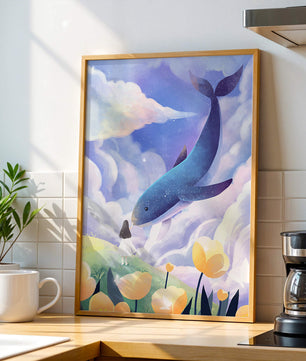 Paisaje surrealista con una ballena gigante y elementos caprichosos